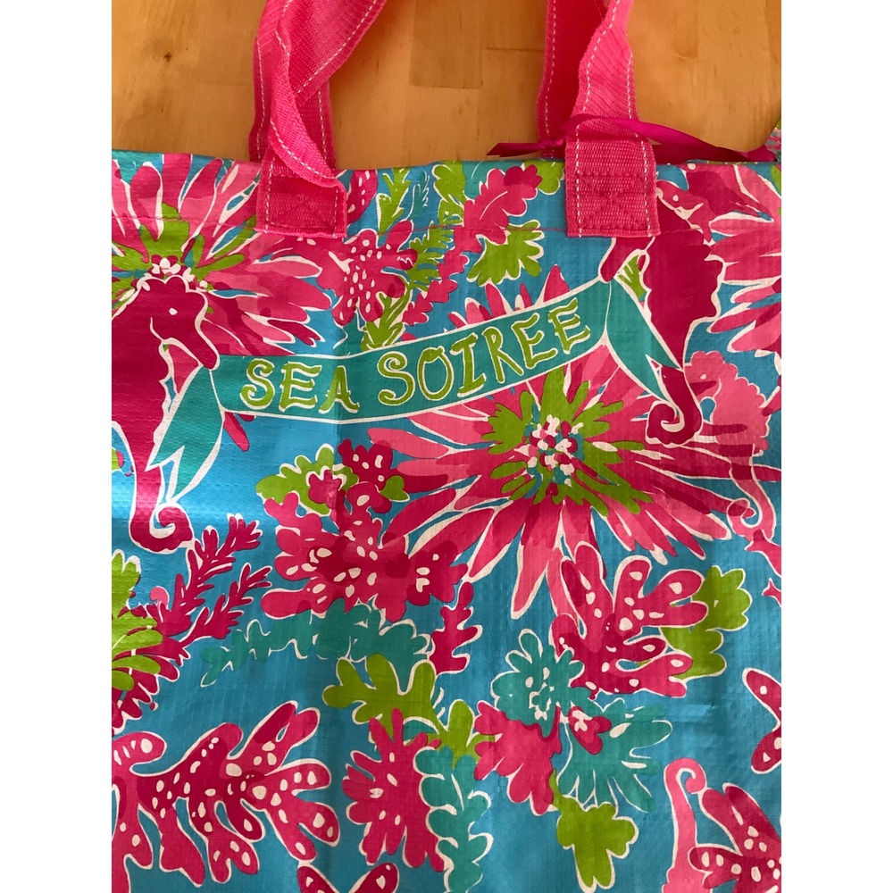 Lilly Pulitzer Sea Soiree Market Bag Reusable Shopping Tote Pink Blue Seahorse